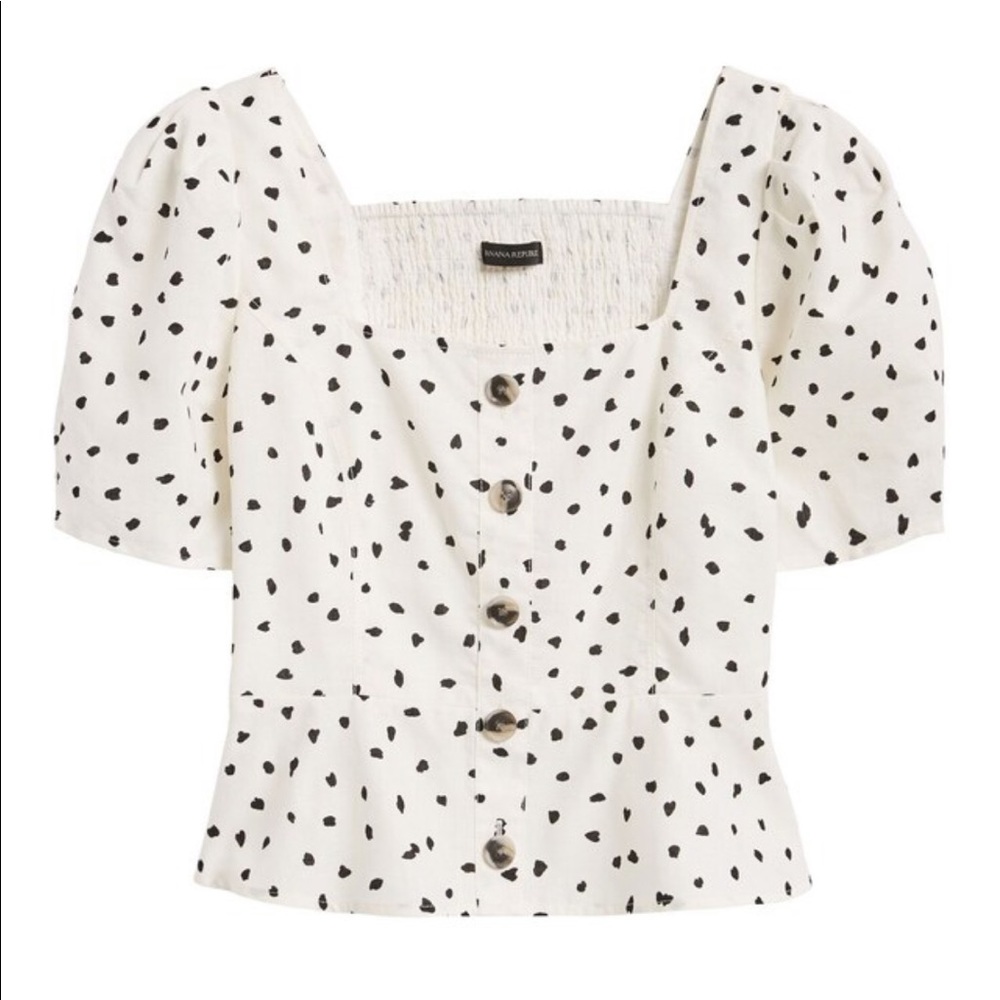 Banana republic linen cotton puff sleeve polka dot blouse